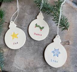 Personalized Christmas Tree Ornaments, Snowflake, Star, Holly, Heart, Winter Berries Ceramic Custom Holiday Home Decoration
