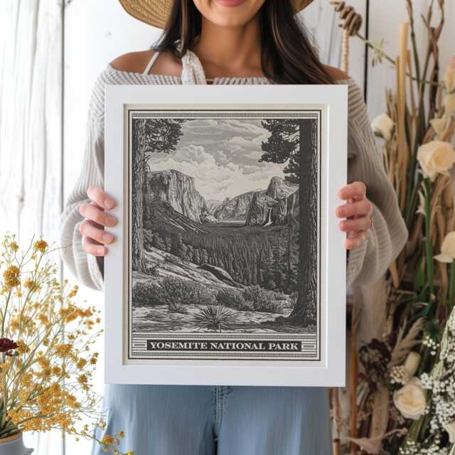 Yosemite National Park Valley Lithograph Style Print - Vintage California Archival Fine Art Print El Capitan & Bridalveil Fall Gift - image 1