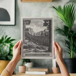 Yosemite National Park Valley Lithograph Style Print - Vintage California Archival Fine Art Print El Capitan & Bridalveil Fall Gift - thumbnail 2