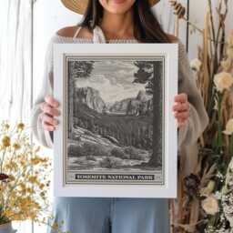 Yosemite National Park Valley Lithograph Style Print - Vintage California Archival Fine Art Print El Capitan & Bridalveil Fall Gift - thumbnail 1