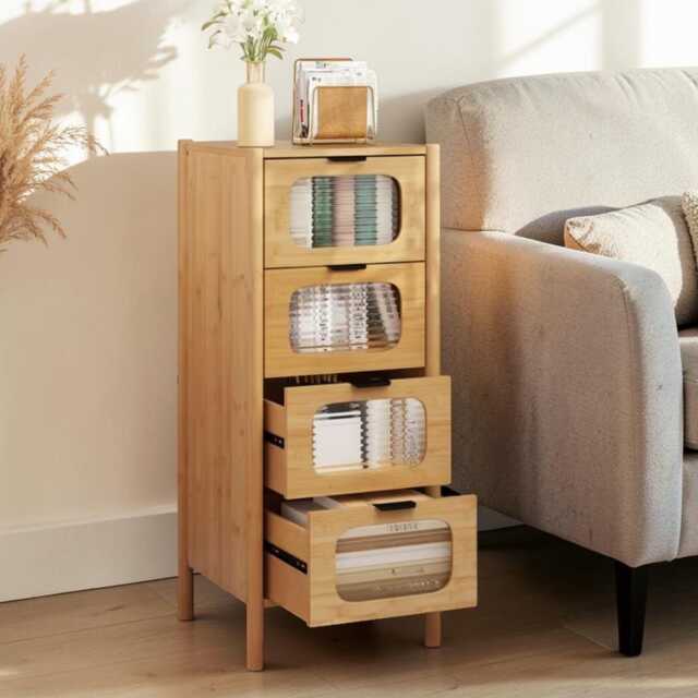 Mid Century Modern Bamboo 4-Drawer Chest Fluted Glass Storage Cabinet - image 1