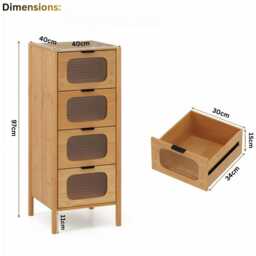 Mid Century Modern Bamboo 4-Drawer Chest Fluted Glass Storage Cabinet - thumbnail 4