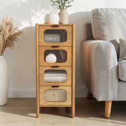 Mid Century Modern Bamboo 4-Drawer Chest Fluted Glass Storage Cabinet - thumbnail 2