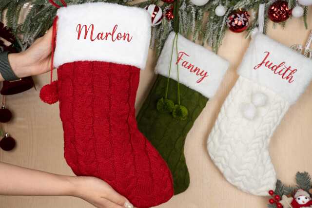 Custom Christmas Stockings With Pom Pom, 2025 Knitted Name, Personalized Family Stockings, Family Decor - image 1