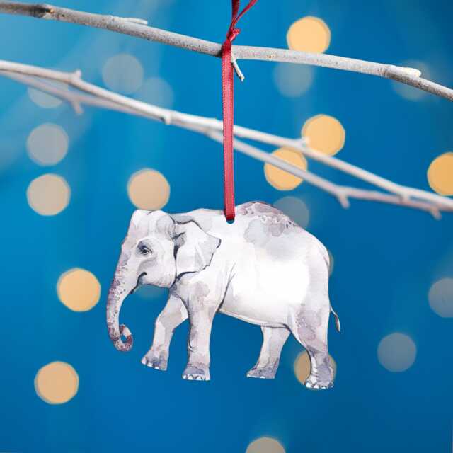 Indian Elephant Christmas Tree Decoration, Birch Plywood Ornament, Animal Lover Gift, Festive Watercolour Art, Traditional Xmas Keepsake - image 1
