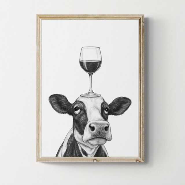 Cow Art Print, Funny Animal & Wine Drawing, Lover Wall Decor, Lovers Gifts - image 1