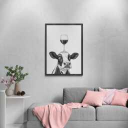 Cow Art Print, Funny Animal & Wine Drawing, Lover Wall Decor, Lovers Gifts - thumbnail 3