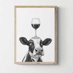 Cow Art Print, Funny Animal & Wine Drawing, Lover Wall Decor, Lovers Gifts - thumbnail 1
