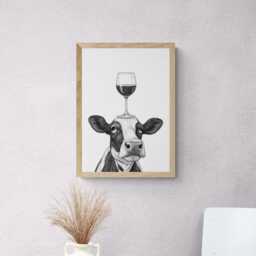 Cow Art Print, Funny Animal & Wine Drawing, Lover Wall Decor, Lovers Gifts - thumbnail 2