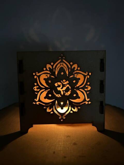 Wooden Lantern Box Candle Saathyo Aum Om Khanda Ek Onkar Hindu Sikh Stationary Diwali - image 1