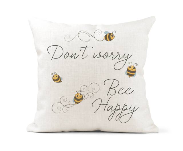 Fun Quote Cream Canvas Cushion, Scatter Home Decor, Inspirational, Don't Worry Be Happy, Bee Lover, Cute Bees - image 1