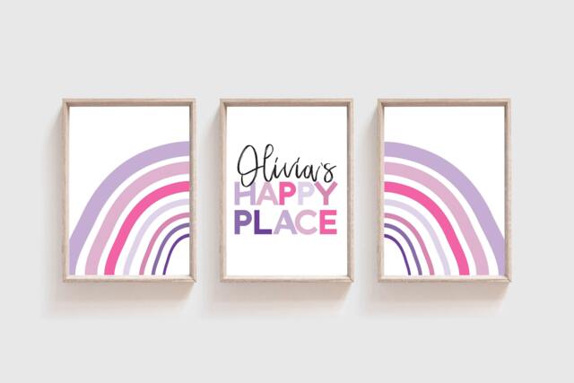 Set Of 3 Girls Nursery Prints, My Happy Place Print, Bedroom Decor, Rainbow Wall Art, Playroom Pink & Purple - image 1