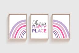 Set Of 3 Girls Nursery Prints, My Happy Place Print, Bedroom Decor, Rainbow Wall Art, Playroom Pink & Purple - thumbnail 1