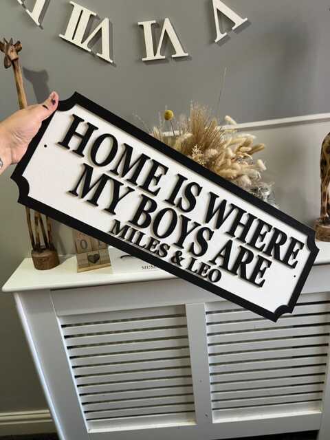70cm Long - Home Is Where My Boys Are - Street Sign 3D Look Personalised Wall Mount Mdf Gift Upto 12 Names Laser Cut Home Decor - image 1