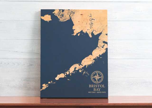 Bristol Bay, Alaska Map - Engraved Wood Coastal Art Sign, Beach House Decor Wall Hanging, Nautical Print, Unique Personalized Family Gift - image 1