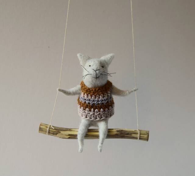 Cat On Swing , Gray Needle Felted Cat, Nursery Decoration, Baby Crib Mobile, Toy, Mobile - image 1