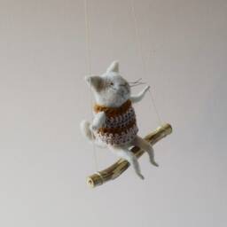 Cat On Swing , Gray Needle Felted Cat, Nursery Decoration, Baby Crib Mobile, Toy, Mobile - thumbnail 4