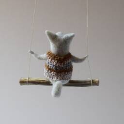Cat On Swing , Gray Needle Felted Cat, Nursery Decoration, Baby Crib Mobile, Toy, Mobile - thumbnail 3