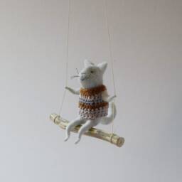 Cat On Swing , Gray Needle Felted Cat, Nursery Decoration, Baby Crib Mobile, Toy, Mobile - thumbnail 2