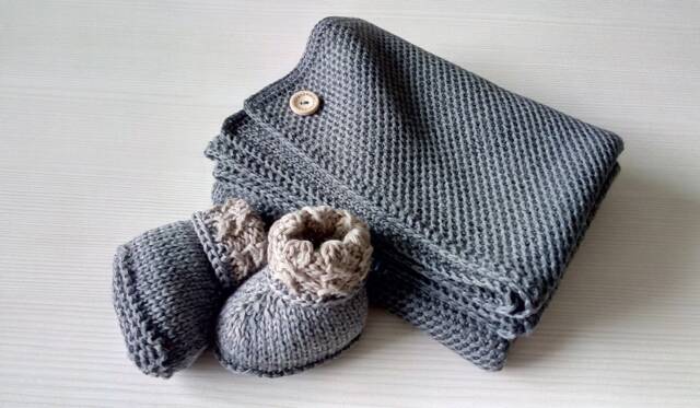 Merino Wool Knit Baby Blanket - Baby Gray Pink Rose Creamy White Blanket Natural Newborn