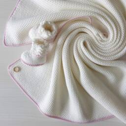 Merino Wool Knit Baby Blanket - Baby Gray Pink Rose Creamy White Blanket Natural Newborn - thumbnail 3