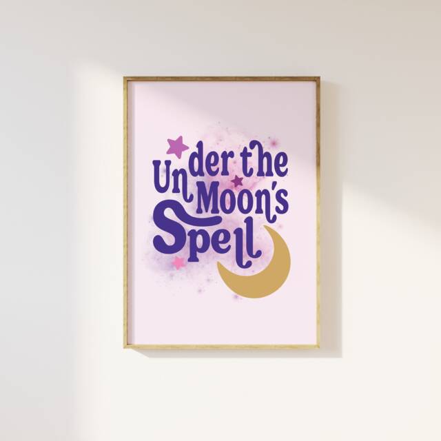 Under The Moon's Spell Mystical Typography Print - Celestial Moon Stars, Spiritual Wall Poster, Pink Purple, Crescent Half Bedroom Art - image 1