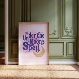 Under The Moon's Spell Mystical Typography Print - Celestial Moon Stars, Spiritual Wall Poster, Pink Purple, Crescent Half Bedroom Art - thumbnail 2