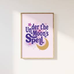 Under The Moon's Spell Mystical Typography Print - Celestial Moon Stars, Spiritual Wall Poster, Pink Purple, Crescent Half Bedroom Art - thumbnail 1