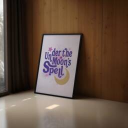 Under The Moon's Spell Mystical Typography Print - Celestial Moon Stars, Spiritual Wall Poster, Pink Purple, Crescent Half Bedroom Art - thumbnail 3