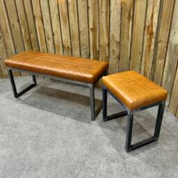 Vintage Tan Leather Bench/Union Jack Genuine Distressed - Handmade in The UK