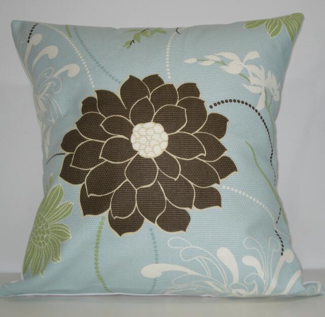 New 18x18 Inch Designer Handmade Pillow Case in Blue, Green, Brown & White Floral
