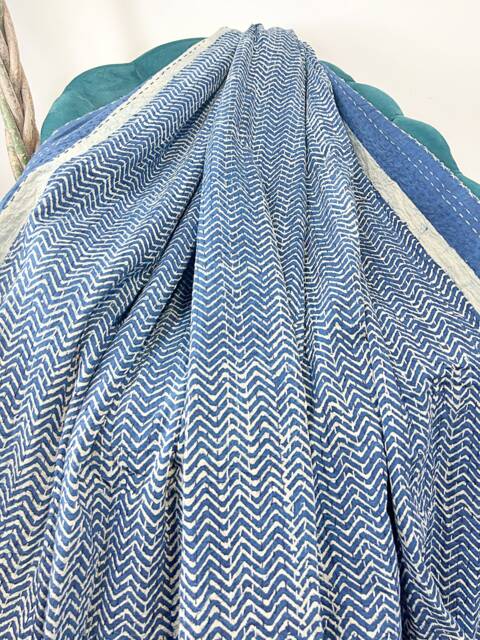 Kantha Stitch Pure Cotton Reversible Bed/Sofa Throw King Size Handmade Dohar - White Indigo Blue Geometric Chevron Waves Country Rustic Vibe - image 1