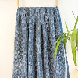 Kantha Stitch Pure Cotton Reversible Bed/Sofa Throw King Size Handmade Dohar - White Indigo Blue Geometric Chevron Waves Country Rustic Vibe - thumbnail 4
