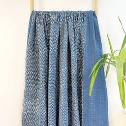 Kantha Stitch Pure Cotton Reversible Bed/Sofa Throw King Size Handmade Dohar - White Indigo Blue Geometric Chevron Waves Country Rustic Vibe - thumbnail 3