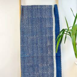 Kantha Stitch Pure Cotton Reversible Bed/Sofa Throw King Size Handmade Dohar - White Indigo Blue Geometric Chevron Waves Country Rustic Vibe - thumbnail 2