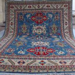 8x10 Ft Navy Blue Afghan Ekash Luxury Area Rug, Kazak Hand Knotted Rug - Medallion Geometric Rug For Livingroom - thumbnail 4