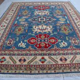 8x10 Ft Navy Blue Afghan Ekash Luxury Area Rug, Kazak Hand Knotted Rug - Medallion Geometric Rug For Livingroom - thumbnail 2