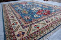 8x10 Ft Navy Blue Afghan Ekash Luxury Area Rug, Kazak Hand Knotted Rug - Medallion Geometric Rug For Livingroom