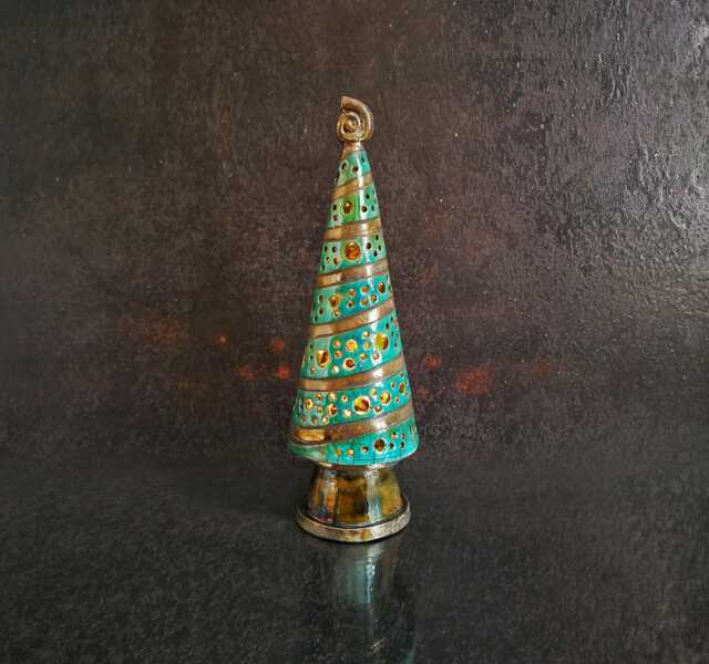 Raku Ceramic Christmas Tree Lantern - Pottery Tealight Candleholder Handmade Xmas Luminary Lighted Decor - image 1