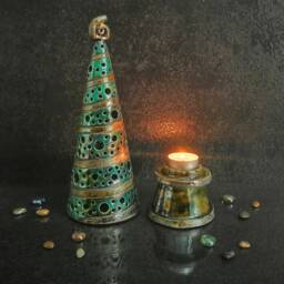 Raku Ceramic Christmas Tree Lantern - Pottery Tealight Candleholder Handmade Xmas Luminary Lighted Decor - thumbnail 4