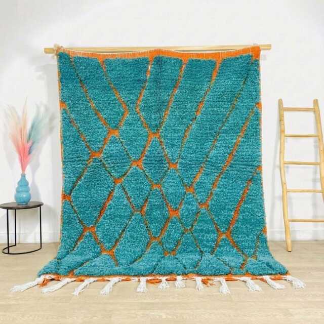 Blue Orange Diamond Moroccan Rug - Hand Knotted Tribal Carpet Boho Living Room Decor Shag Berber Area - image 1