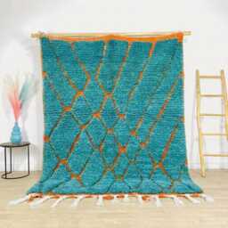 Blue Orange Diamond Moroccan Rug - Hand Knotted Tribal Carpet Boho Living Room Decor Shag Berber Area - thumbnail 1