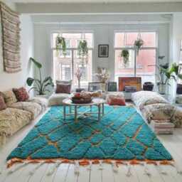 Blue Orange Diamond Moroccan Rug - Hand Knotted Tribal Carpet Boho Living Room Decor Shag Berber Area - thumbnail 3