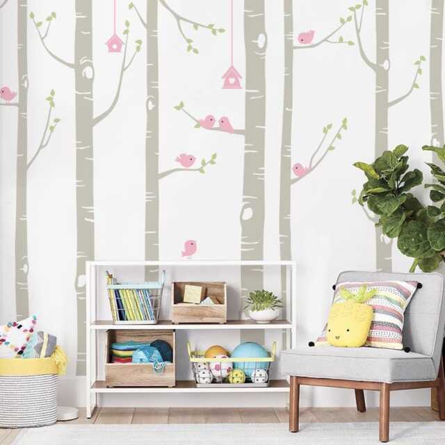 Birch Tree Wall Decal With Birds Nursery Decor - image 1