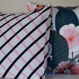 Handmade Pillow Cover Using Marimekko Quilt Fabric - Pink, Black & White Striped Design, 20x20 - thumbnail 2