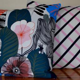 Handmade Pillow Cover Using Marimekko Quilt Fabric - Pink, Black & White Striped Design, 20x20 - thumbnail 3