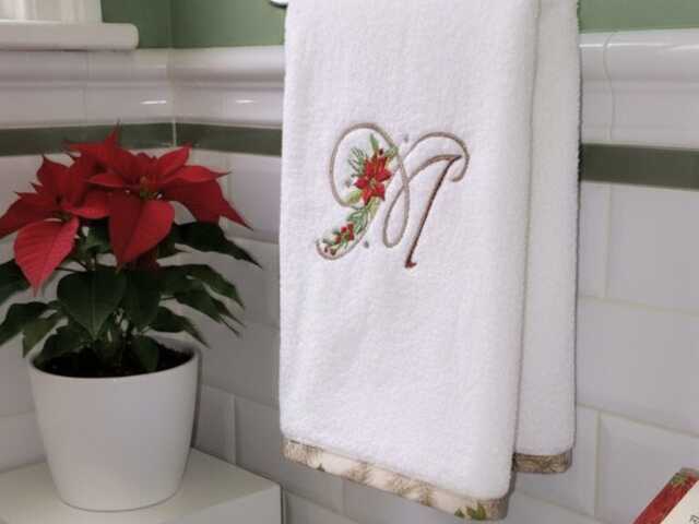 Holiday Towel Set With Poinsettia Monogram, Christmas Decor, Personalized Bath & Hand - image 1