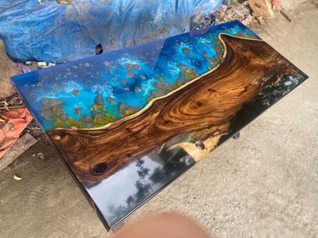 Custom Dark Wood & Blue Epoxy Resin Table Live Edge Dining Table - image 1