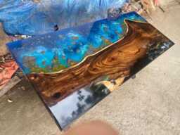 Custom Dark Wood & Blue Epoxy Resin Table Live Edge Dining Table - thumbnail 1