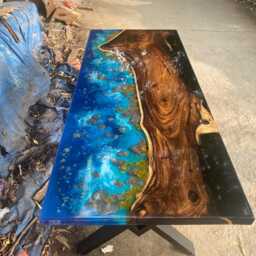 Custom Dark Wood & Blue Epoxy Resin Table Live Edge Dining Table - thumbnail 2